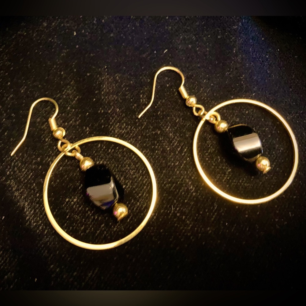 New Black Onyx within Circle of Gold Dangling Earrings Limited Edition